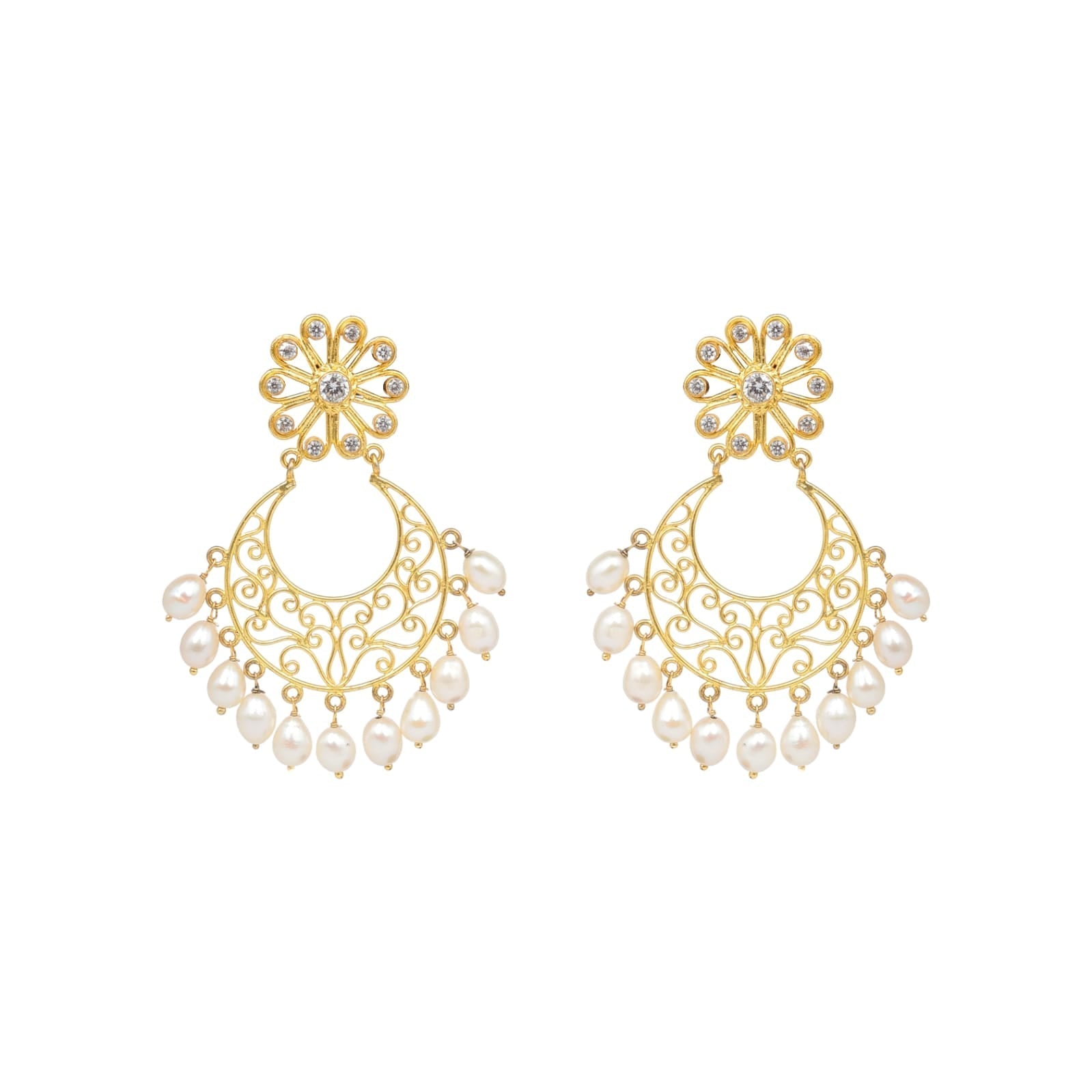 Champa Earrings in 92.5 Sterling Silver handcrafted and dipped in 1 micron Gold plating with Filigree Pearls beaded earrings.