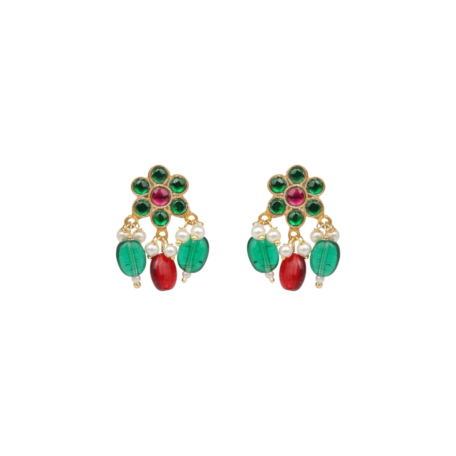 Chameli earrings in 92.5 Sterling Silver handcrafted and dipped in 1 micron Gold plating with Red Jadau-Quartz stones and green Onyx beads.