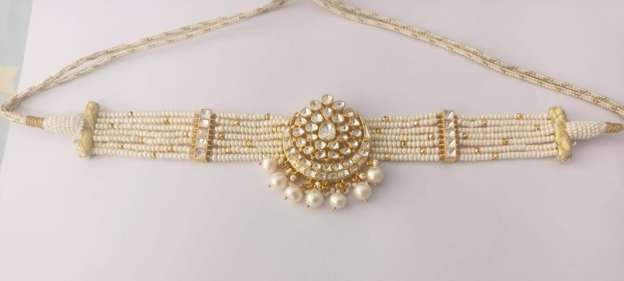 Chaand choker in 92.5 Sterling Silver handcrafted and dipped in 1 micron Gold plating with Jadau-Polki Pearls.