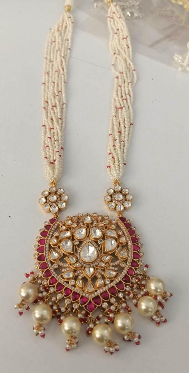 Madhumita Necklace in 92.5 Sterling Silver handcrafted and dipped in 1 micron Gold with Jadau-Polki Pearls and red Quartz Jadau stones.