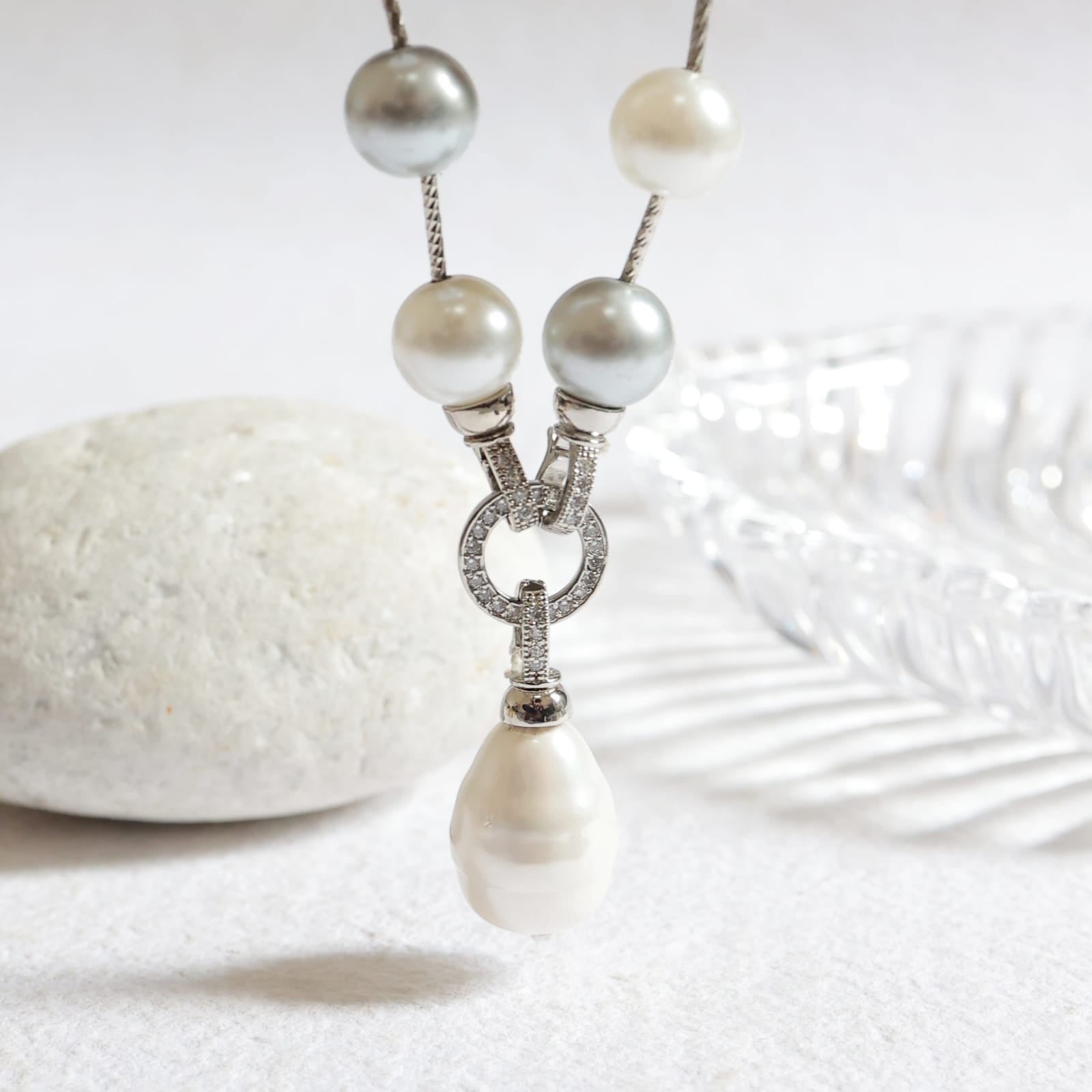 Marina Necklace in Silver Alloy with Zirconia, front-open necklace with Western clasp.