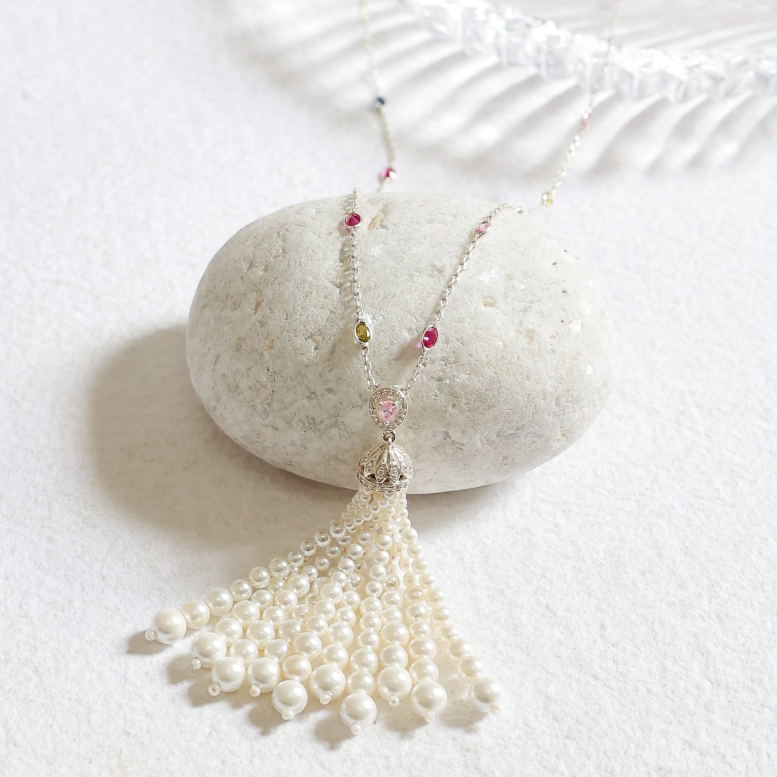 Gungun Necklace in 92.5 Sterling Silver handcrafted in Zircon setting, long Indo-western Pearl teasel necklace.