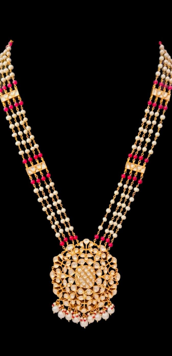 Baisa Haar/Necklace in 92.5 Sterling Silver handcrafted and dipped in 1 micron Gold plating with Jadau-Polki stones and red Quartz and Pearls.