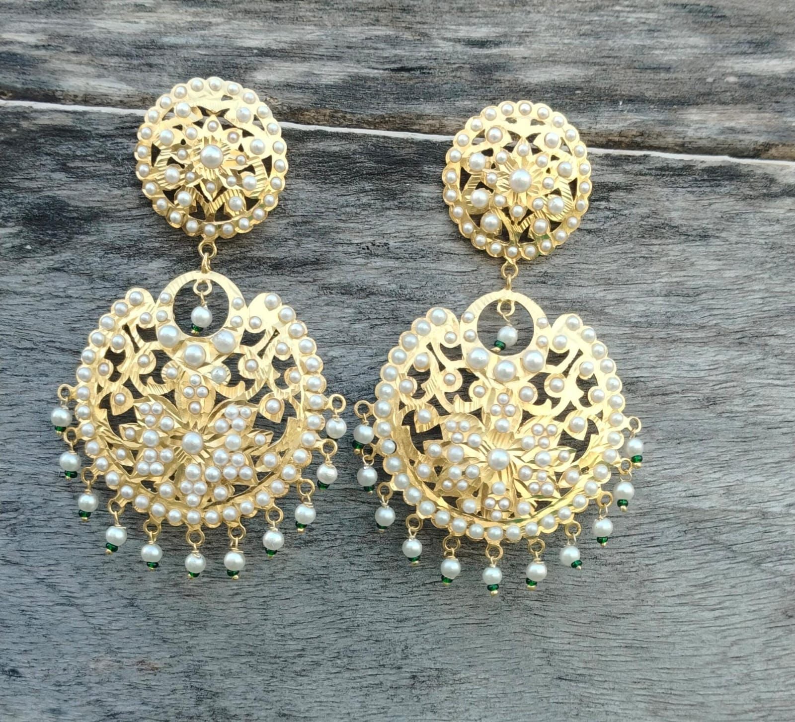 Maadhvi Earrings in 92.5 Sterling Silver handcrafted and dipped in 1 micron Gold plating with Jadau Pearls, oversized earrings.