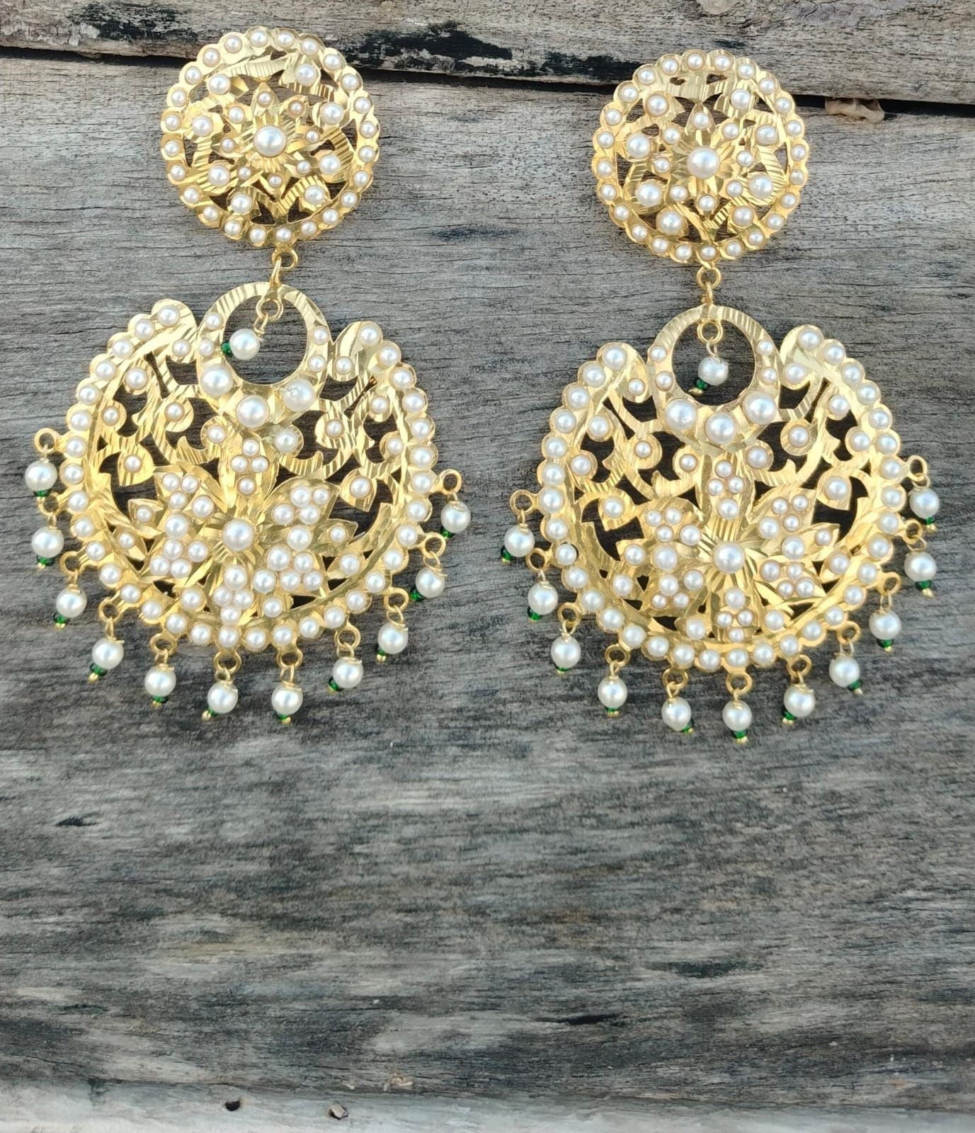 Maadhvi Earrings in 92.5 Sterling Silver handcrafted and dipped in 1 micron Gold plating with Jadau Pearls, oversized earrings.