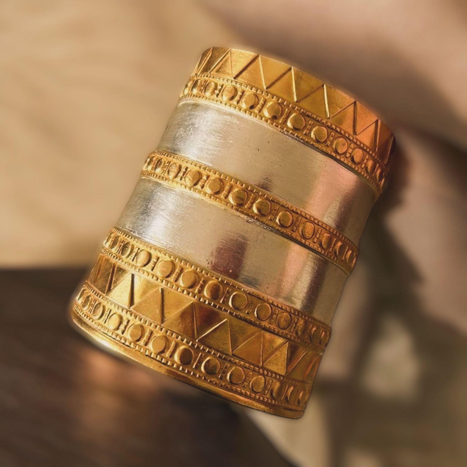 Maharaja Cuff/Bracelet in 92.5 Sterling Silver handcrafted and dipped in 1 micron Gold-Silver plating with 18kt embossed antique finish geometric Cuff.