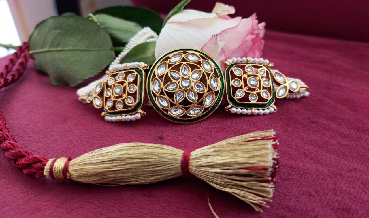 Kamini Choker/Necklace in 92.5 Sterling silver handcrafted gold plated jadau polki pearl necklace/ choker with thread.