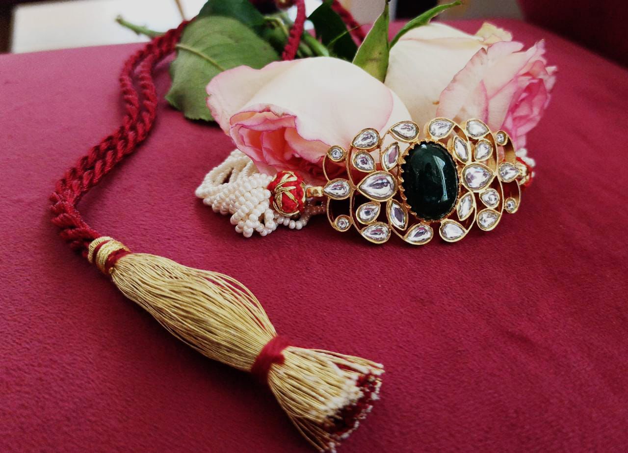 Damini Choke/Necklace in 92.5 Sterling silver handcrafted gold plated jadau polki with green onyx Necklace/choker with traditional.