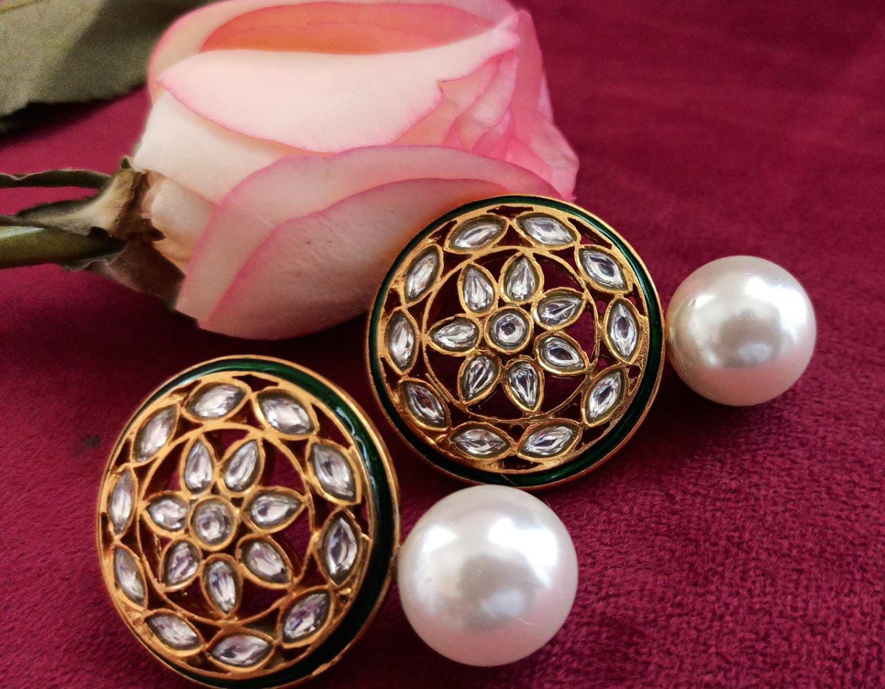 Chakra Earrings in 92.5 Sterling silver handcrafted gold plated jadau polki pearl with green enamel pearl earrings.