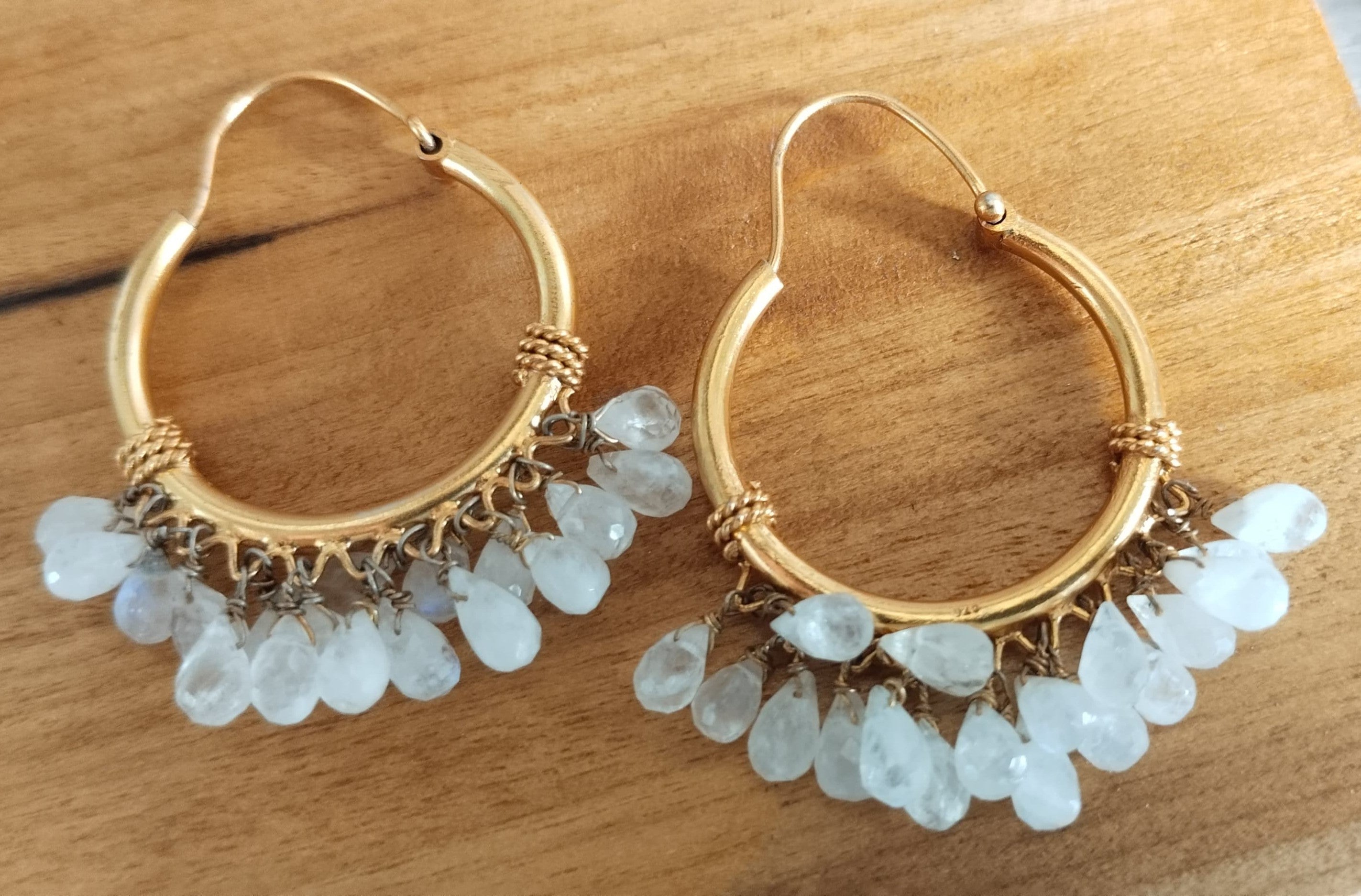 Piya Hoops in 92.5 Sterling Silver handcrafted and dipped in 1 micron Gold plating with moonstone beaded Hoops.