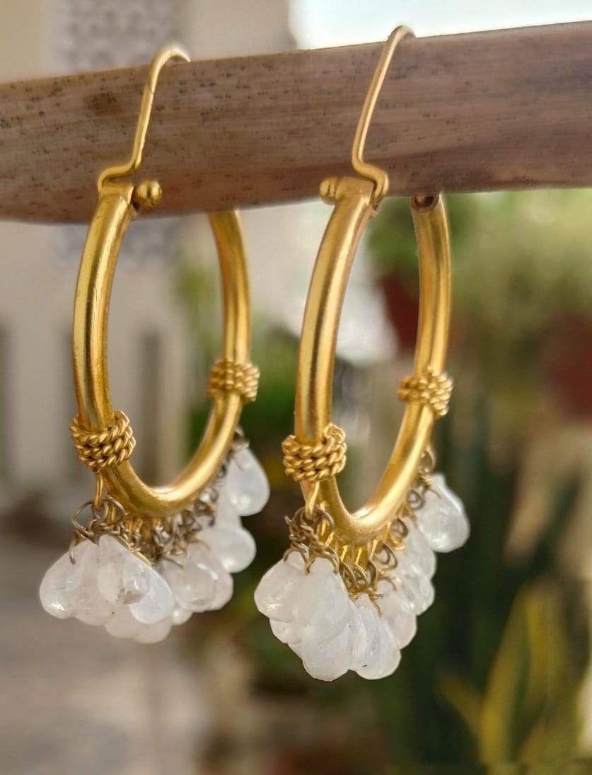 Piya Hoops in 92.5 Sterling Silver handcrafted and dipped in 1 micron Gold plating with moonstone beaded Hoops.