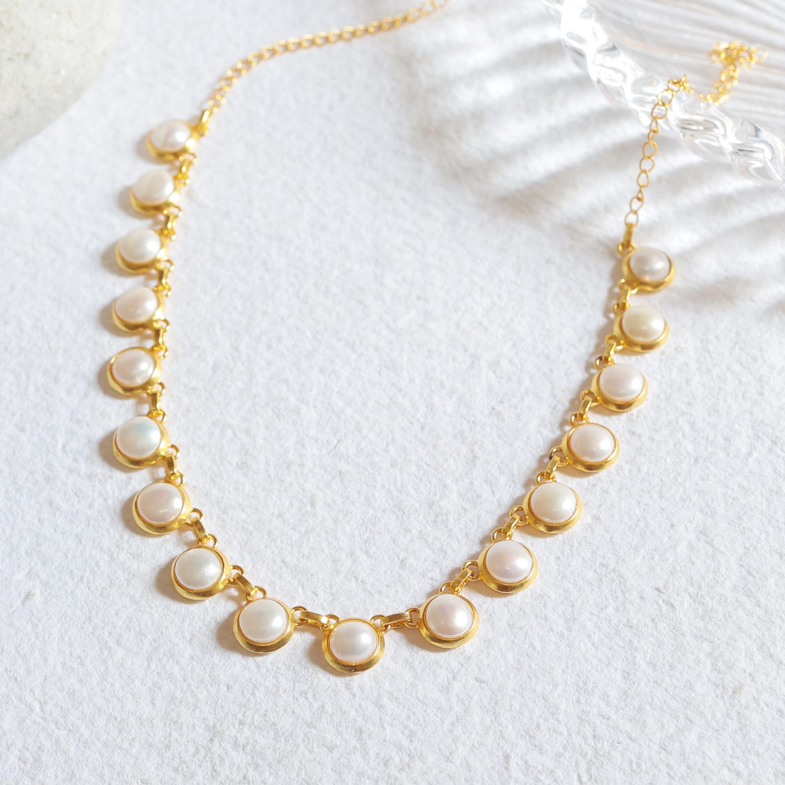 Gayatri Necklace in 92.5 Sterling Silver handcrafted and dipped in 1 micron Gold plating with fresh water Pearls.