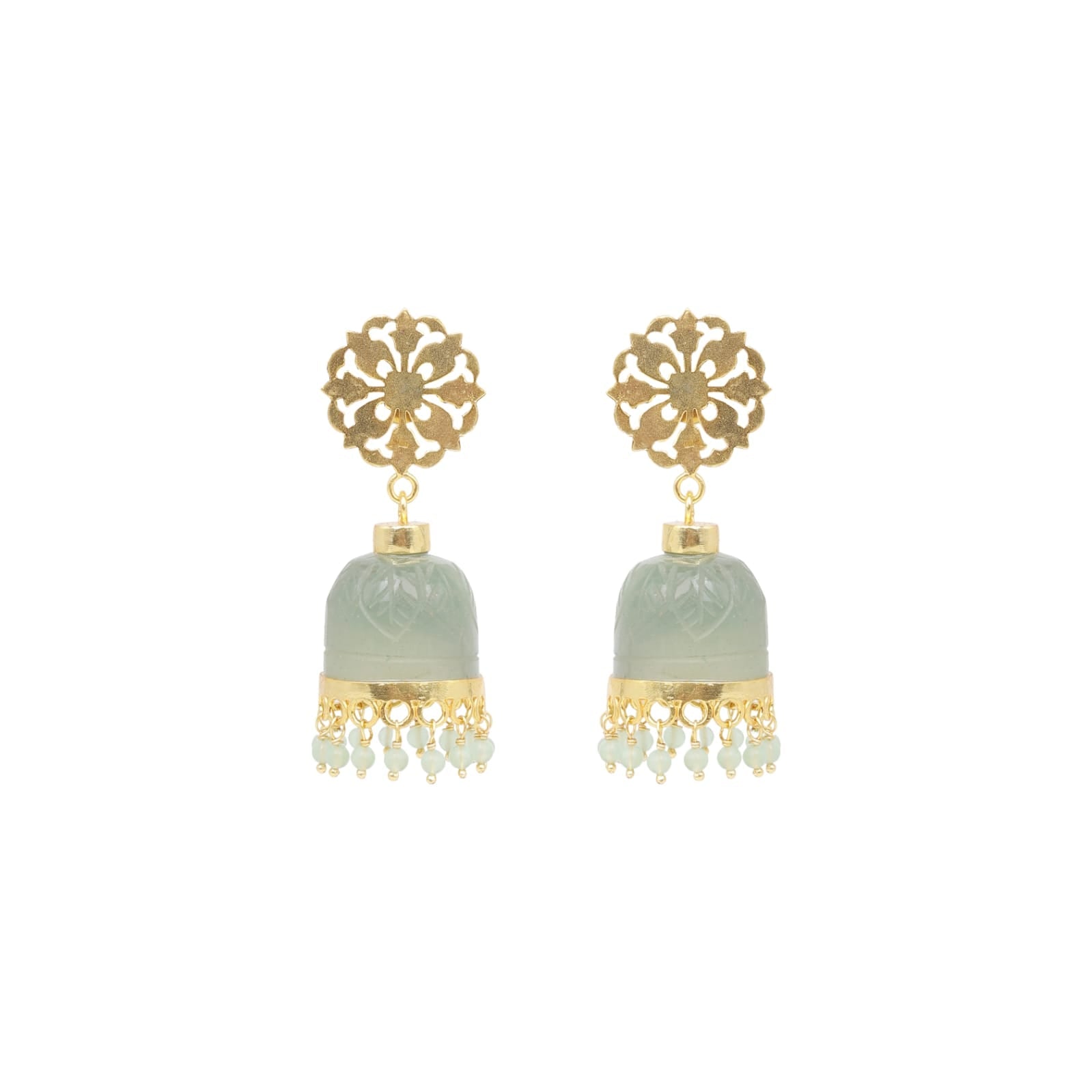 Khawab Earrings in 92.5 Sterling Silver handcrafted and dipped in 1 micron Gold plating with grapes Aventurine dome and grapes Aventurine beads.