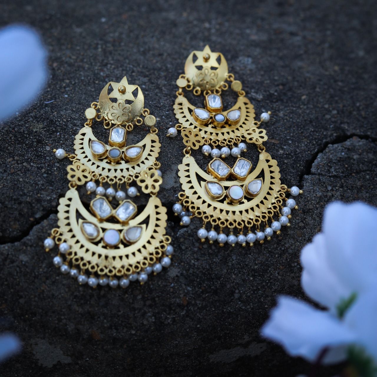 Ek-Tara earrings in 92.5 Sterling Silver patra earrings with Polki and Pearl in 18k micron Gold plating.