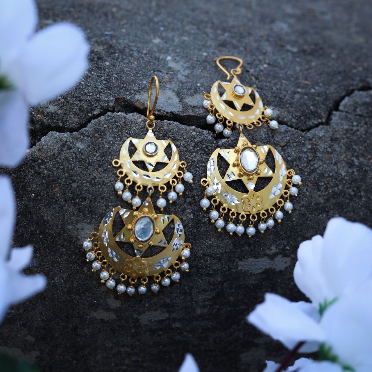 Do-Tara earrings in 92.5 Sterling Silver patra earrings with Polki and Pearls in 18k micron Gold plating.