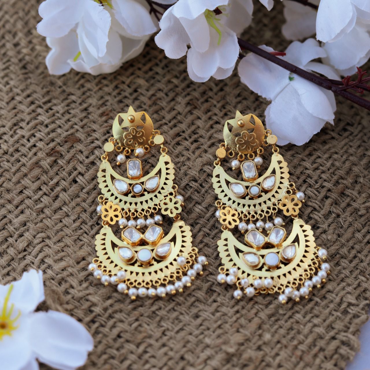 Ek-Tara earrings in 92.5 Sterling Silver patra earrings with Polki and Pearl in 18k micron Gold plating.