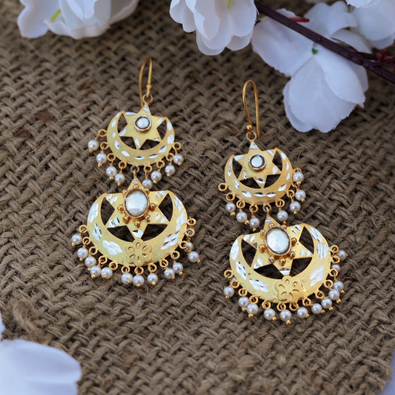 Do-Tara earrings in 92.5 Sterling Silver patra earrings with Polki and Pearls in 18k micron Gold plating.