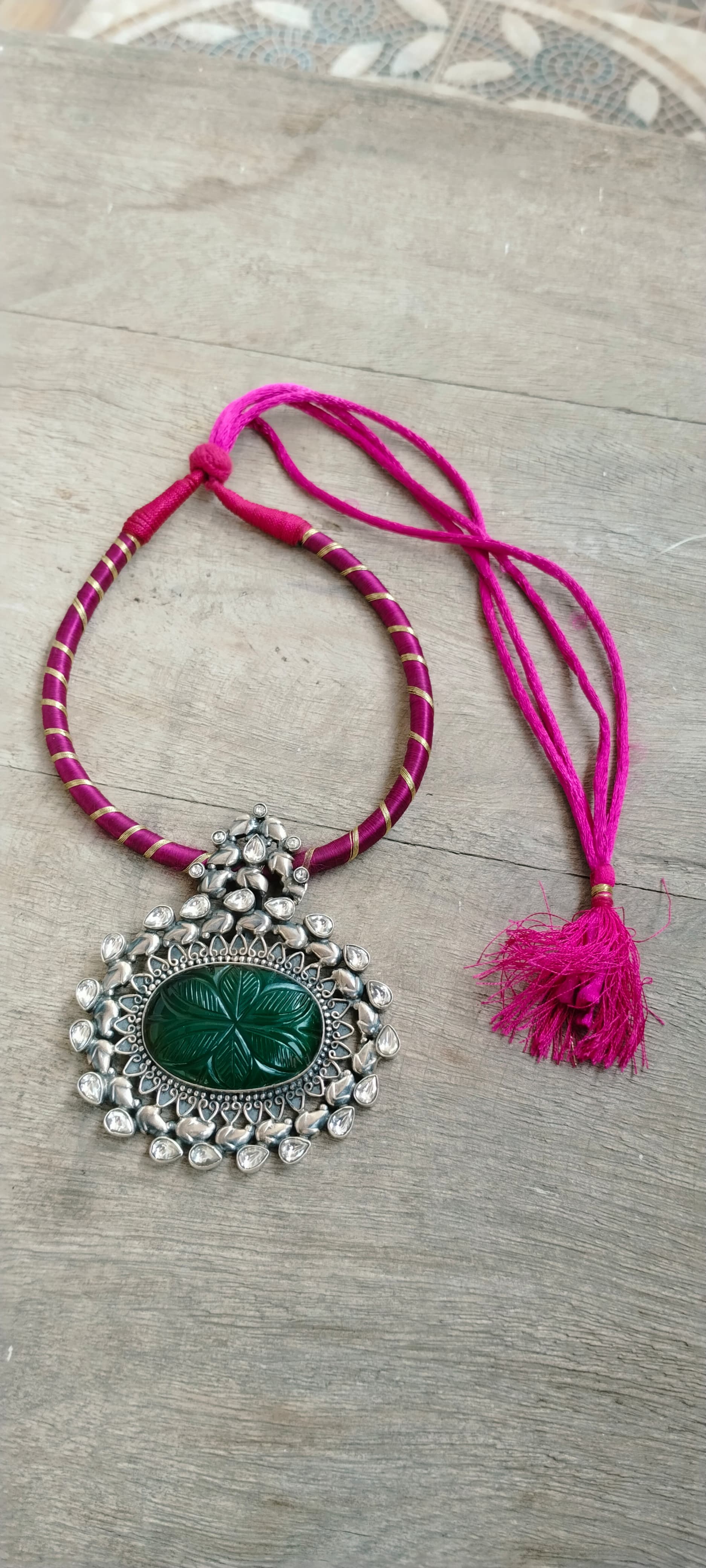 Maniratnam necklace in 92.5 Sterling Silver handcrafted in a Jadau-Polki threader closure.