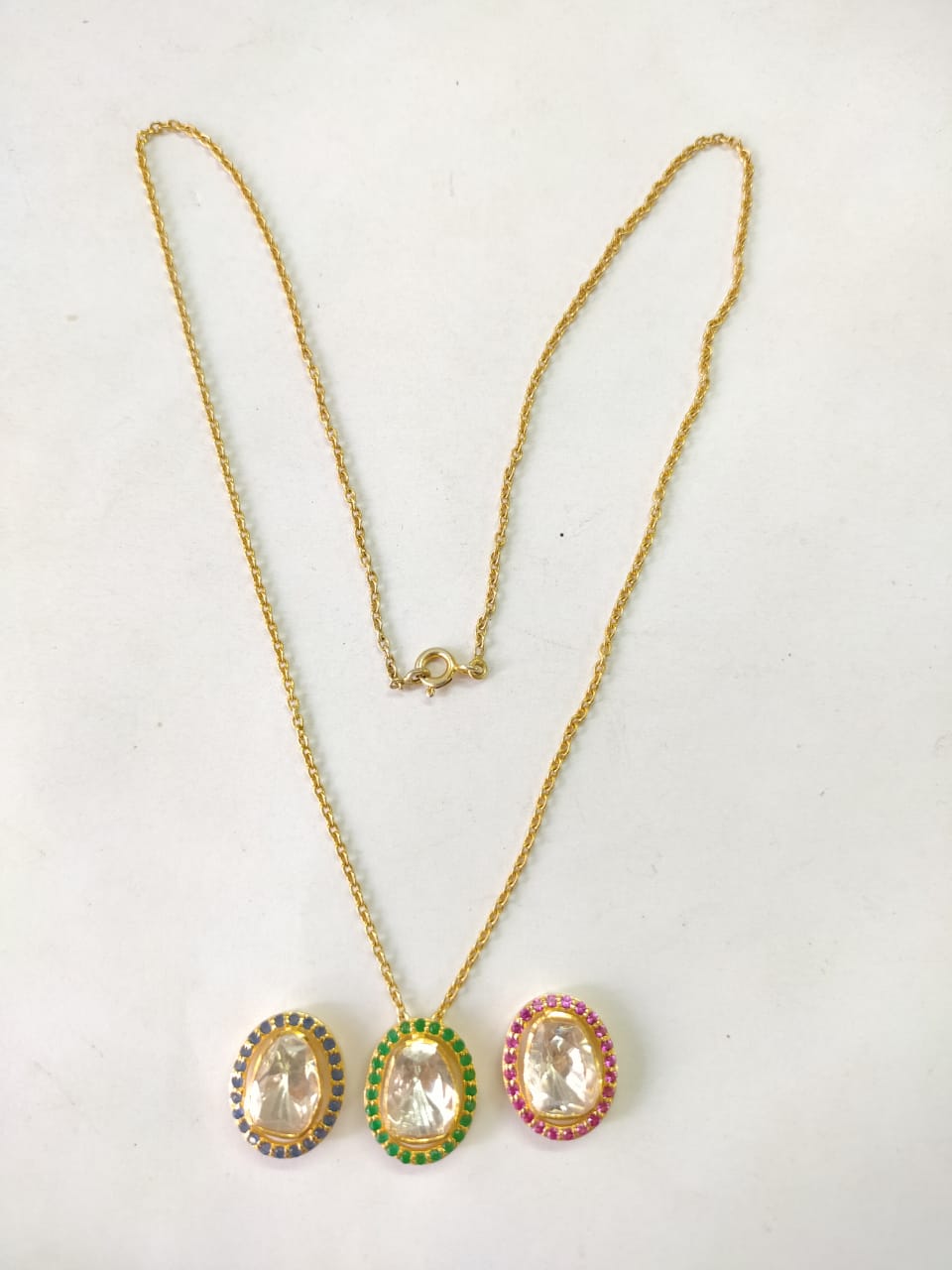 Rangeela necklace set in 92.5 Sterling Silver handcrafted and dipped in 1 micron Gold plating with Jadau-Polki and Moissanite with 3 changeable pendants.