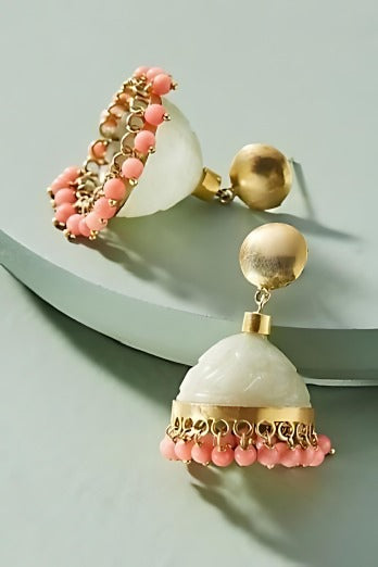 Gulzaar Earrings in 92.5 Sterling Silver handcrafted and dipped in 1 micron Gold plating in a stone dome shape with Coral beads.