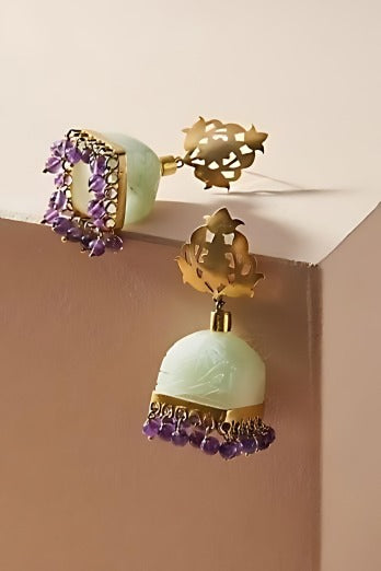 Naghma earrings in 92.5 Sterling Silver handcrafted and dipped in 1 micron Gold plating with some shape in stone with Amythest beaded earrings.