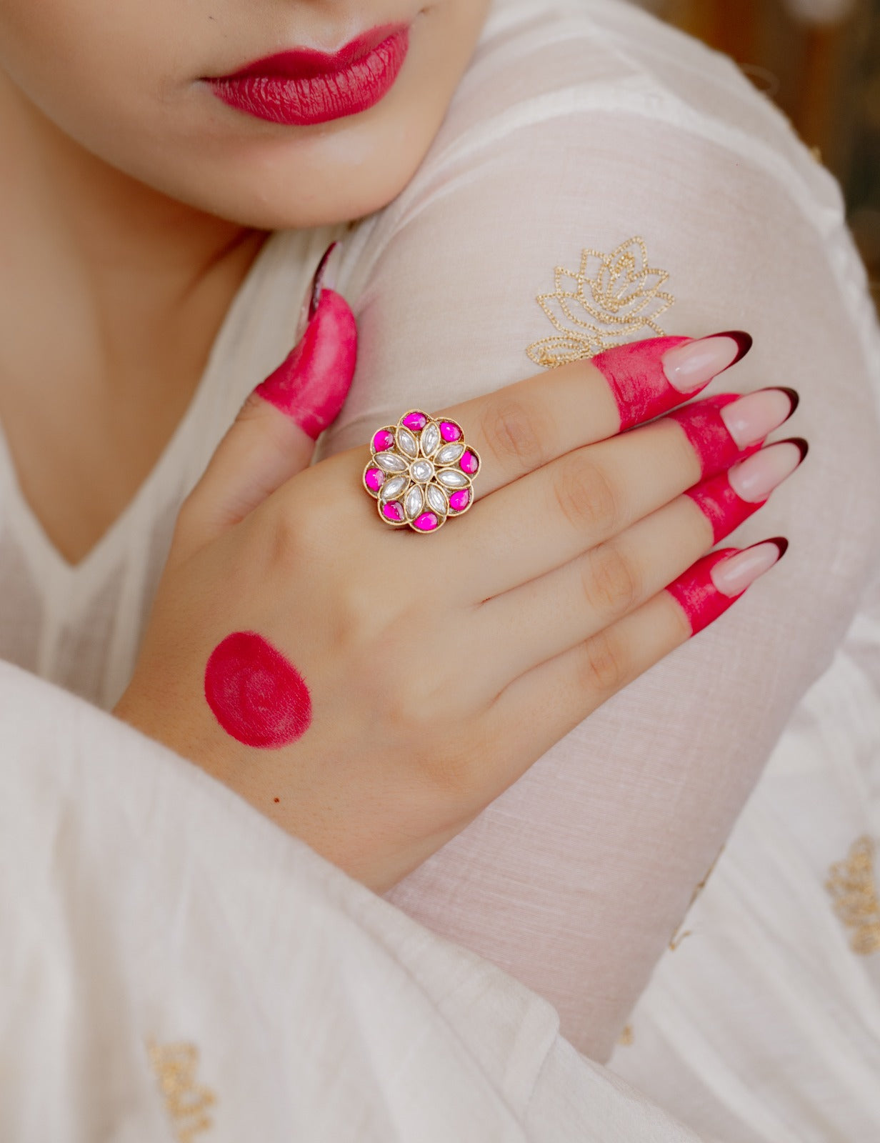 Gulabi Gul ring in 92.5 Sterling Silver handcrafted and dipped in 1 micron Gold plating.