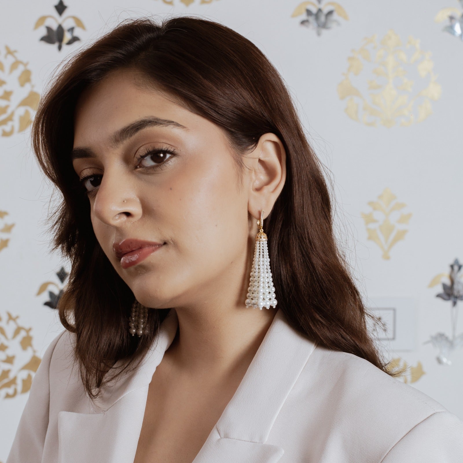 Ambika earrings in 92.5 Sterling Silver handcrafted and dipped in 1 micron Gold plating with Pearls.
