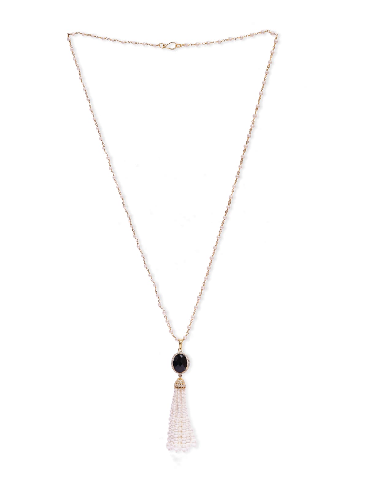 Black Onyx Tassel necklace in 92.5
Sterling Silver with faceted black Onyx and Peals with cz.