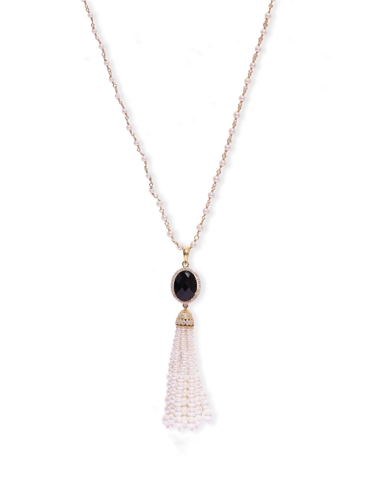 Black Onyx Tassel necklace in 92.5
Sterling Silver with faceted black Onyx and Peals with cz.