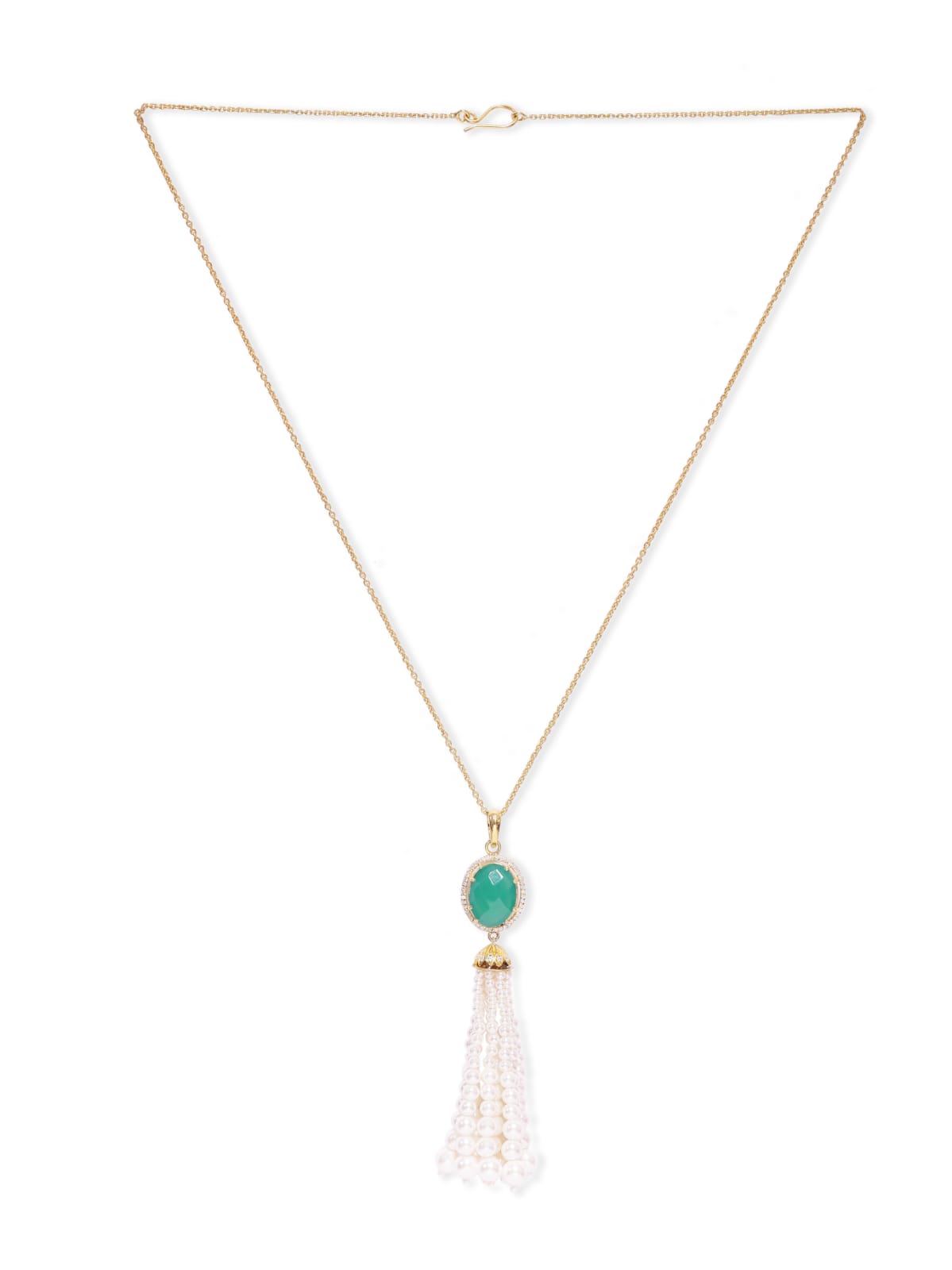 Green Onyx Tassel necklace in 92.5
Sterling Silver with faceted green Onyx and Pearls with cz.