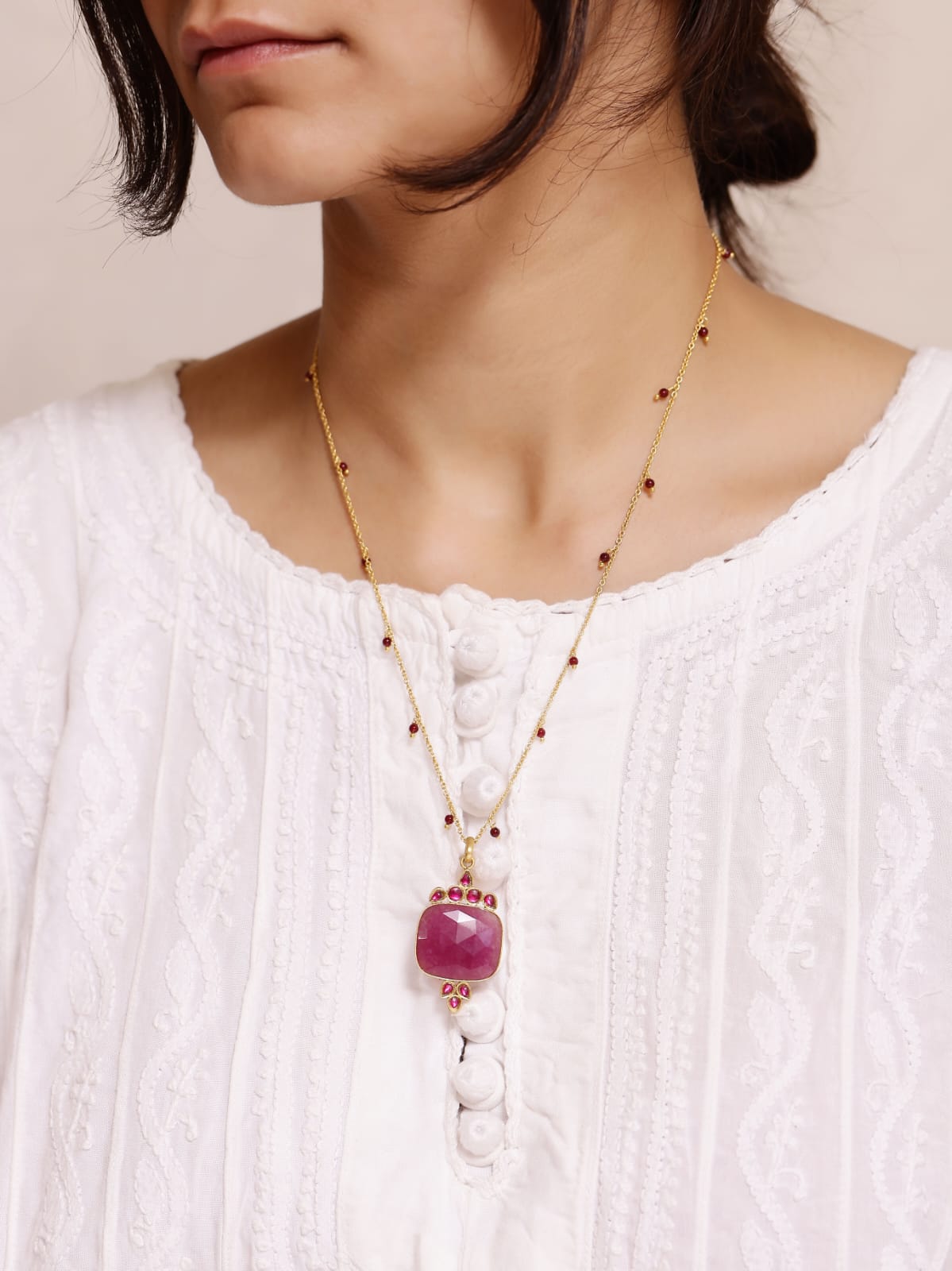 Lalima necklace in 92.5 Sterling Silver handcrafted and dipped in 1 micron Gold plating with Jadau in red Ruby-Quartz.