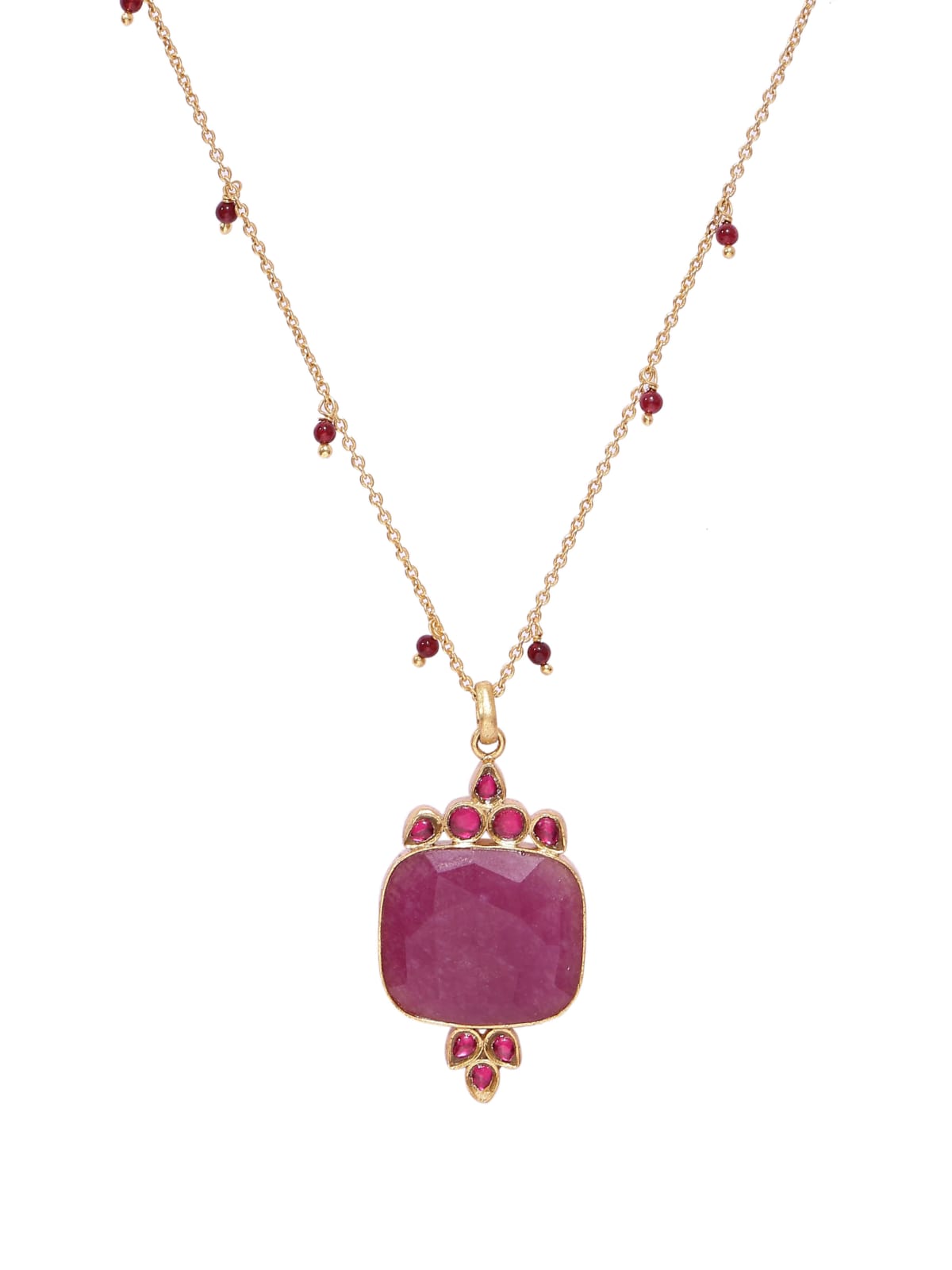 Lalima necklace in 92.5 Sterling Silver handcrafted and dipped in 1 micron Gold plating with Jadau in red Ruby-Quartz.