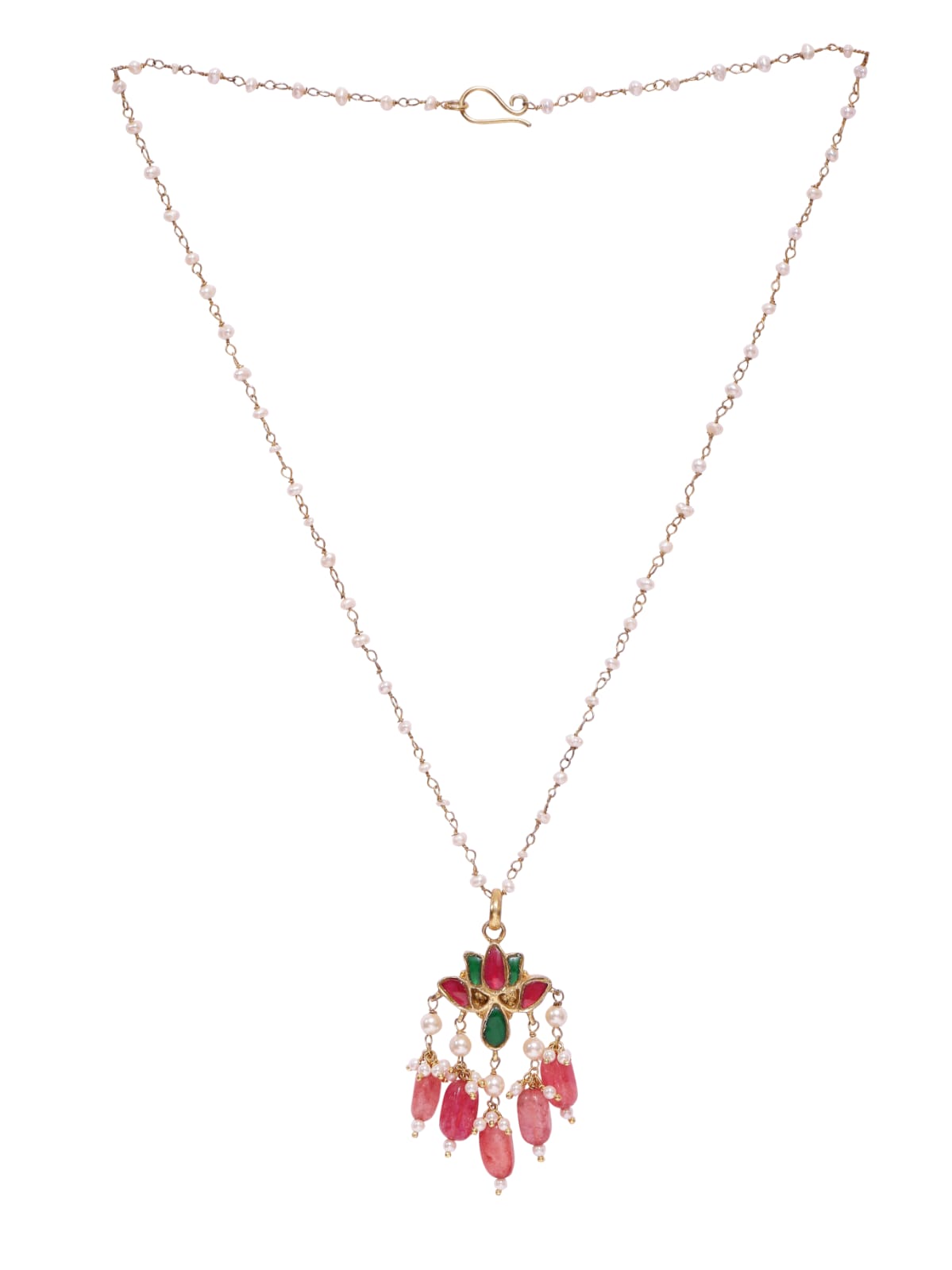 Pankaj necklace in 92.5 Sterling Silver handcrafted and dipped in 1 micron Gold plating with Jadau-Polki and beaded Pearls.