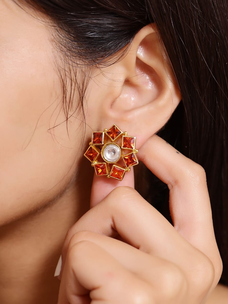 Earrings/studs in 92.5 Sterling Silver handcrafted and dipped in 1 micron Gold plating in Jadau-Polki and Zircon.