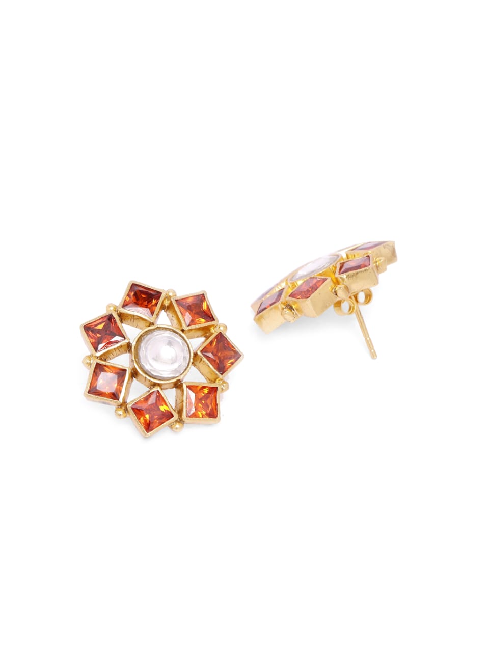 Earrings/studs in 92.5 Sterling Silver handcrafted and dipped in 1 micron Gold plating in Jadau-Polki and Zircon.
