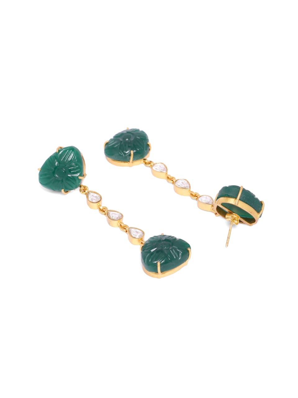 Paan Earrings in 92.5 Sterling Silver handcrafted and dipped in 1 micron Gold plating with carved green Onyx and Jadau-Polki.