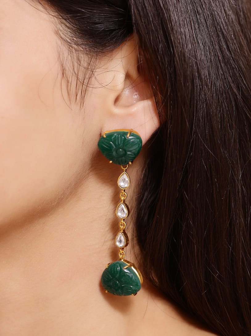 Paan Earrings in 92.5 Sterling Silver handcrafted and dipped in 1 micron Gold plating with carved green Onyx and Jadau-Polki.