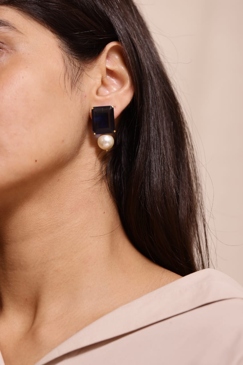 Neela earrings in 92.5 Sterling Silver handcrafted and dipped in 1 micron Gold plating with Pearl Blue Quartz earrings.