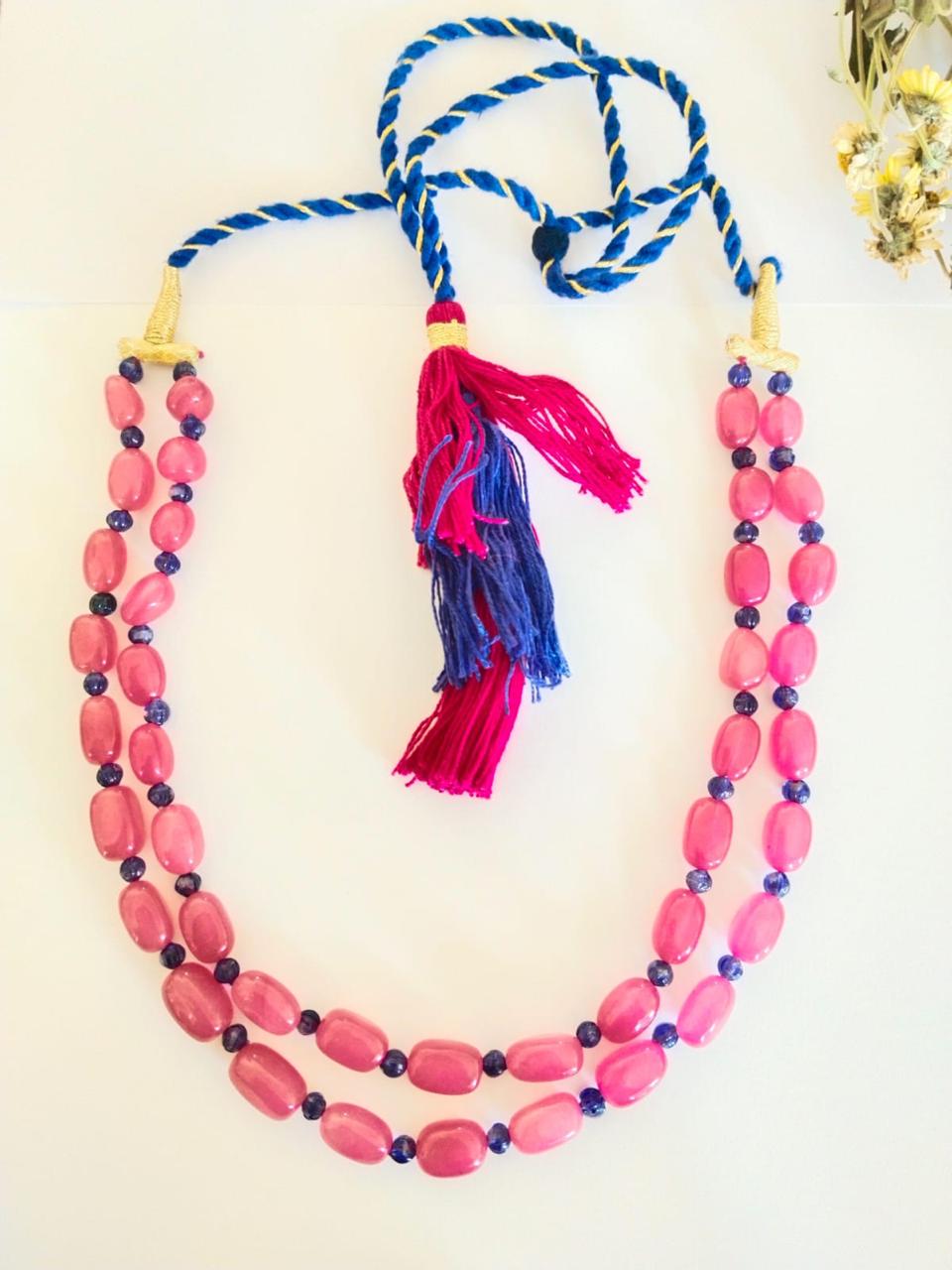 Kareena necklace in Roseberry and blue Quartz in Tumble Beads-Thread knotting.