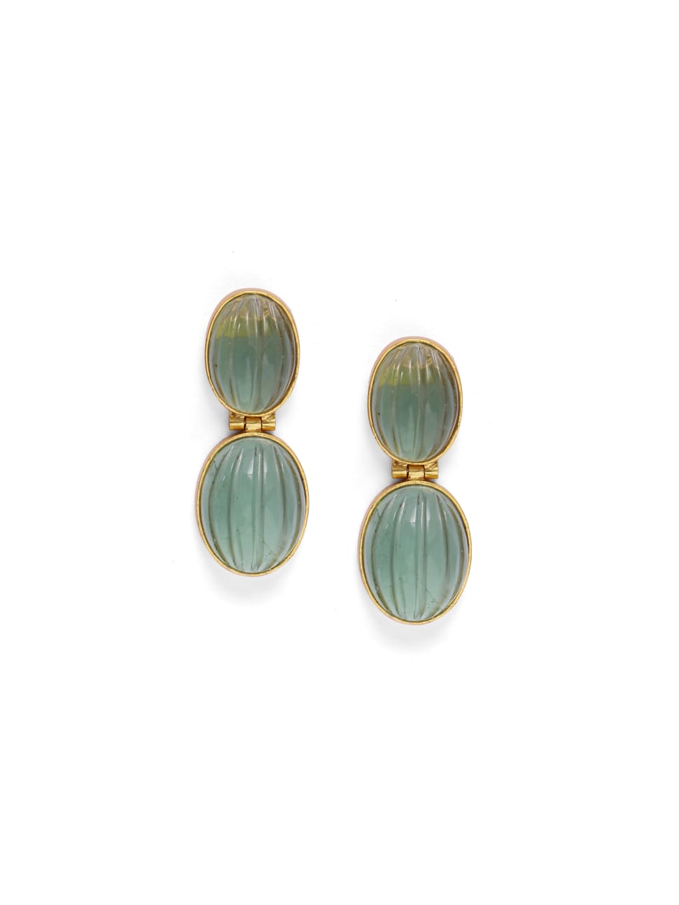 Lehar earrings in 92.5 Sterling Silver handcrafted and dipped in 1 micron Gold plating with carved Fluorite.