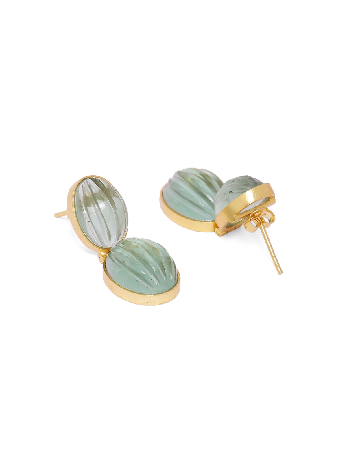 Lehar earrings in 92.5 Sterling Silver handcrafted and dipped in 1 micron Gold plating with carved Fluorite.