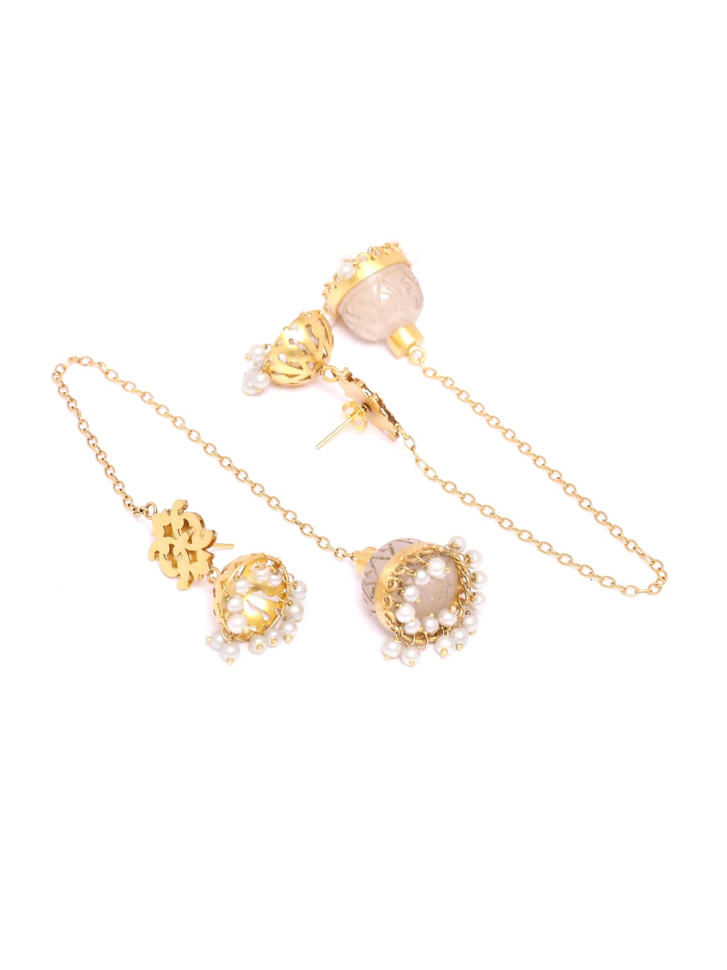 Veena earrings, kashmiri jhumka in 92.5 Sterling Silver handcrafted and dipped in 1 micron Gold plating with rose Quartz, double jhumka.