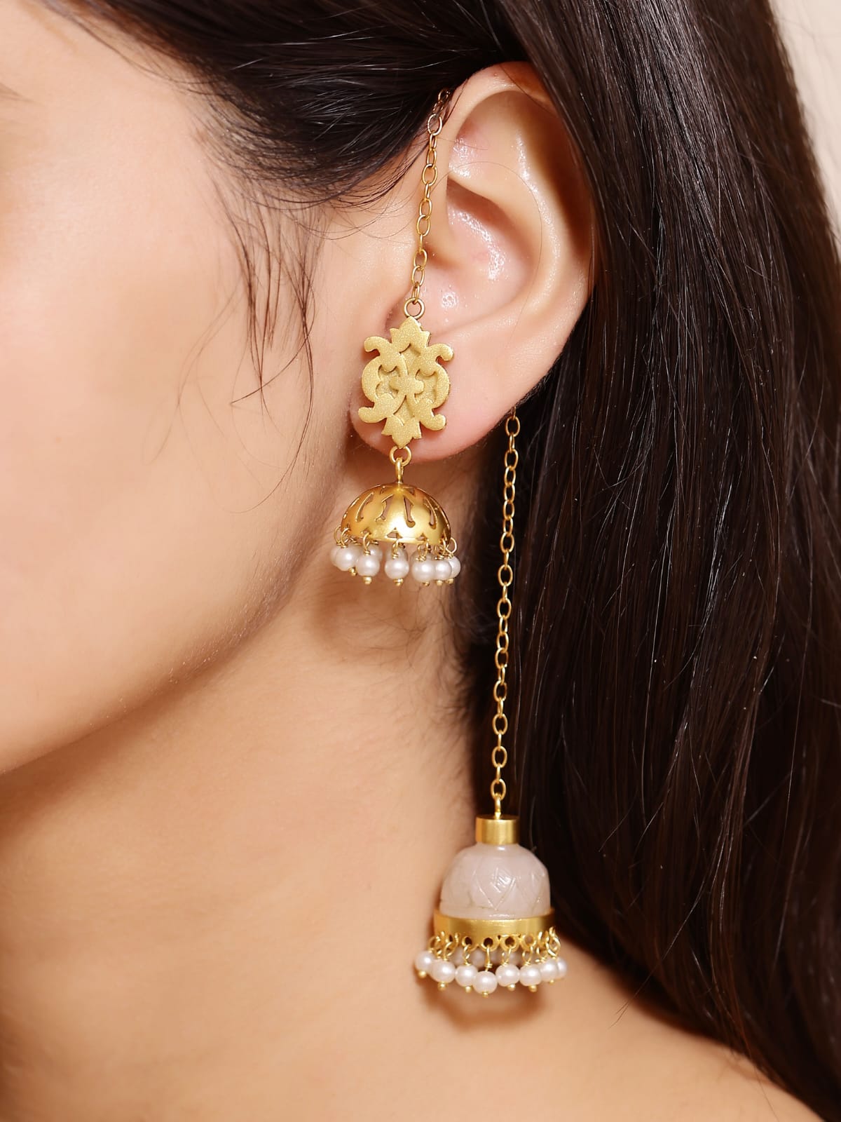 Veena earrings, kashmiri jhumka in 92.5 Sterling Silver handcrafted and dipped in 1 micron Gold plating with rose Quartz, double jhumka.