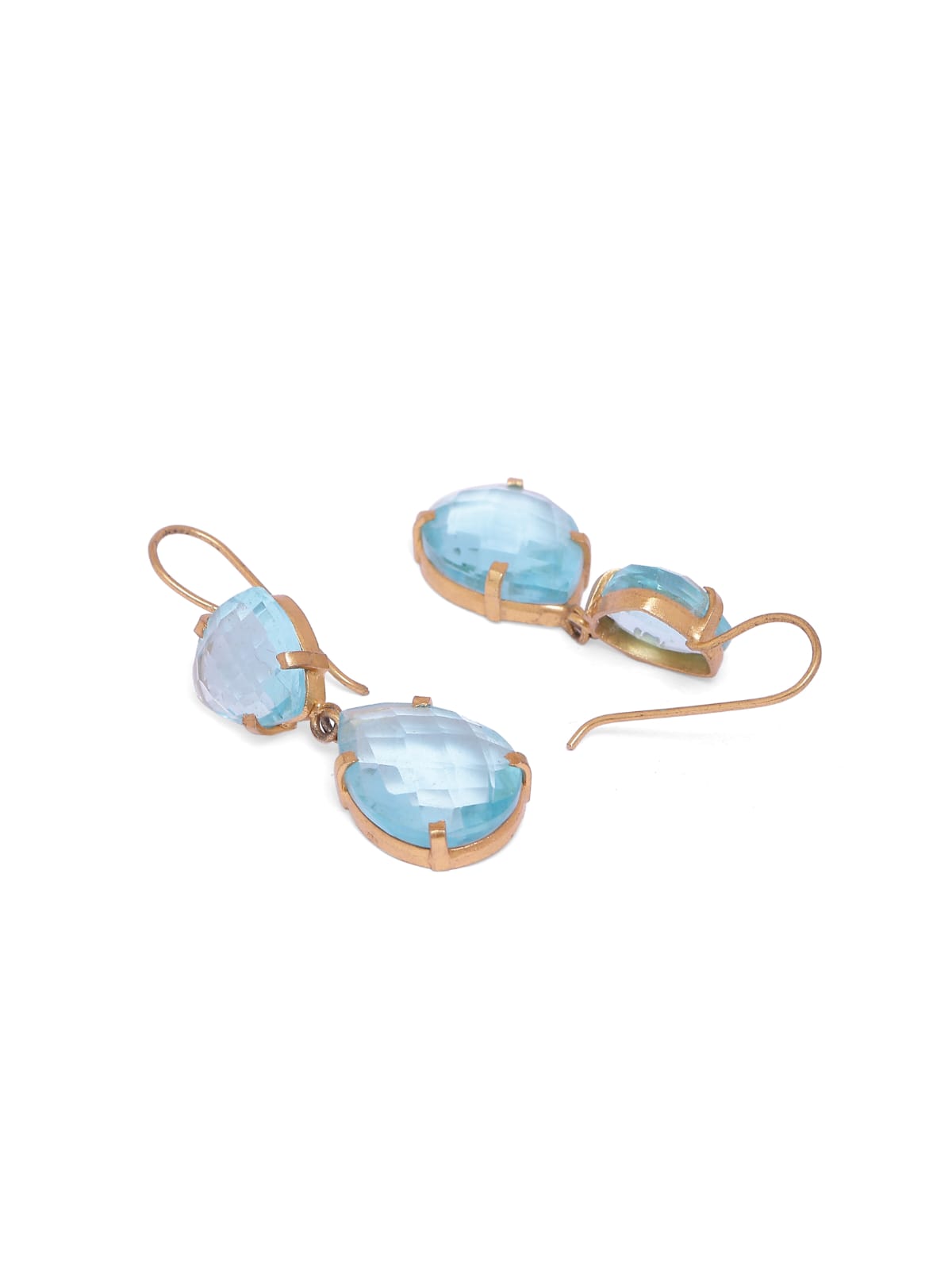 Blue Trillion earrings in 92.5 Sterling Silver handcrafted and dipped in 1 micron Gold plated earrings with Blue Quartz stones.