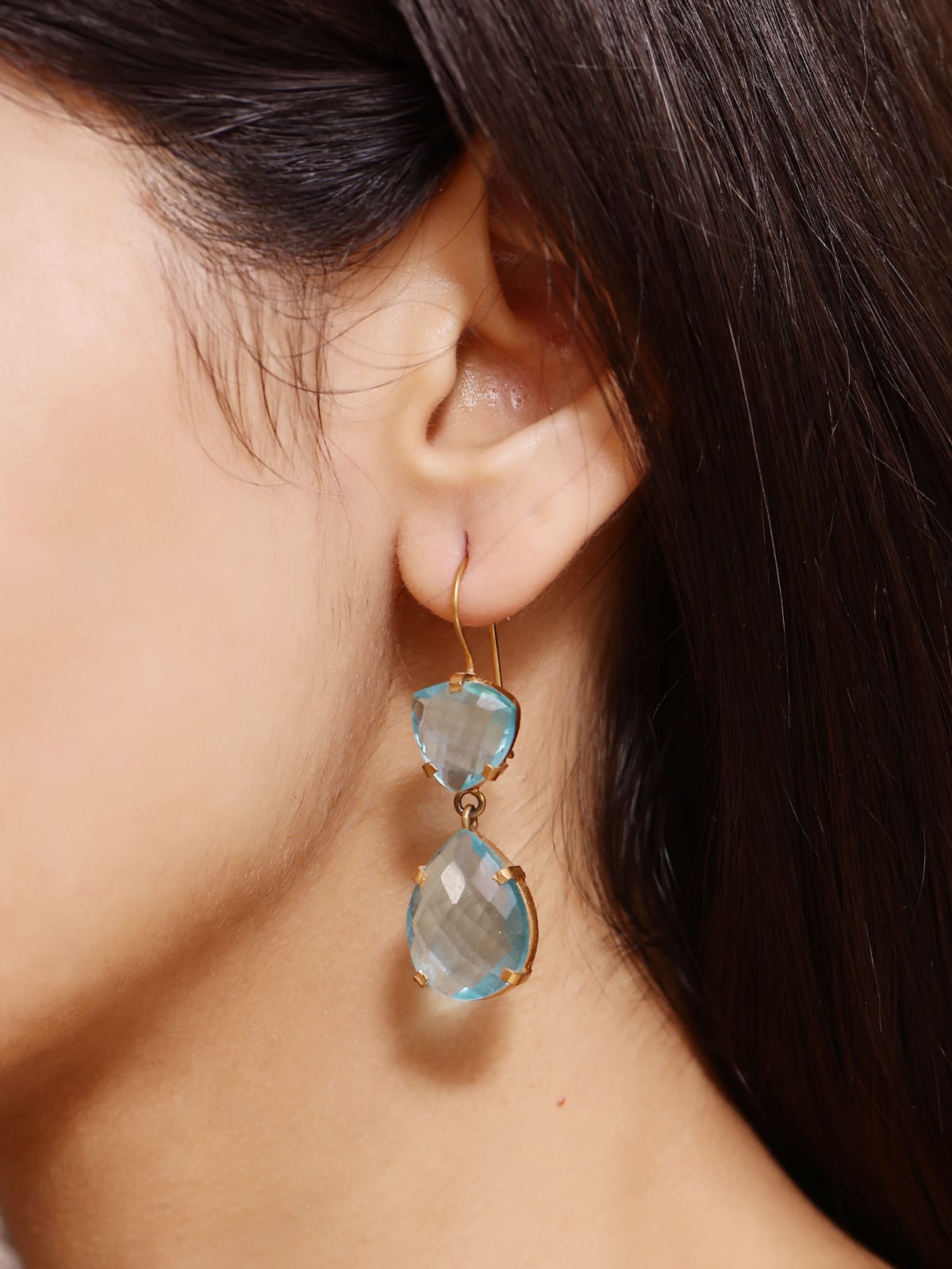 Blue Trillion earrings in 92.5 Sterling Silver handcrafted and dipped in 1 micron Gold plated earrings with Blue Quartz stones.