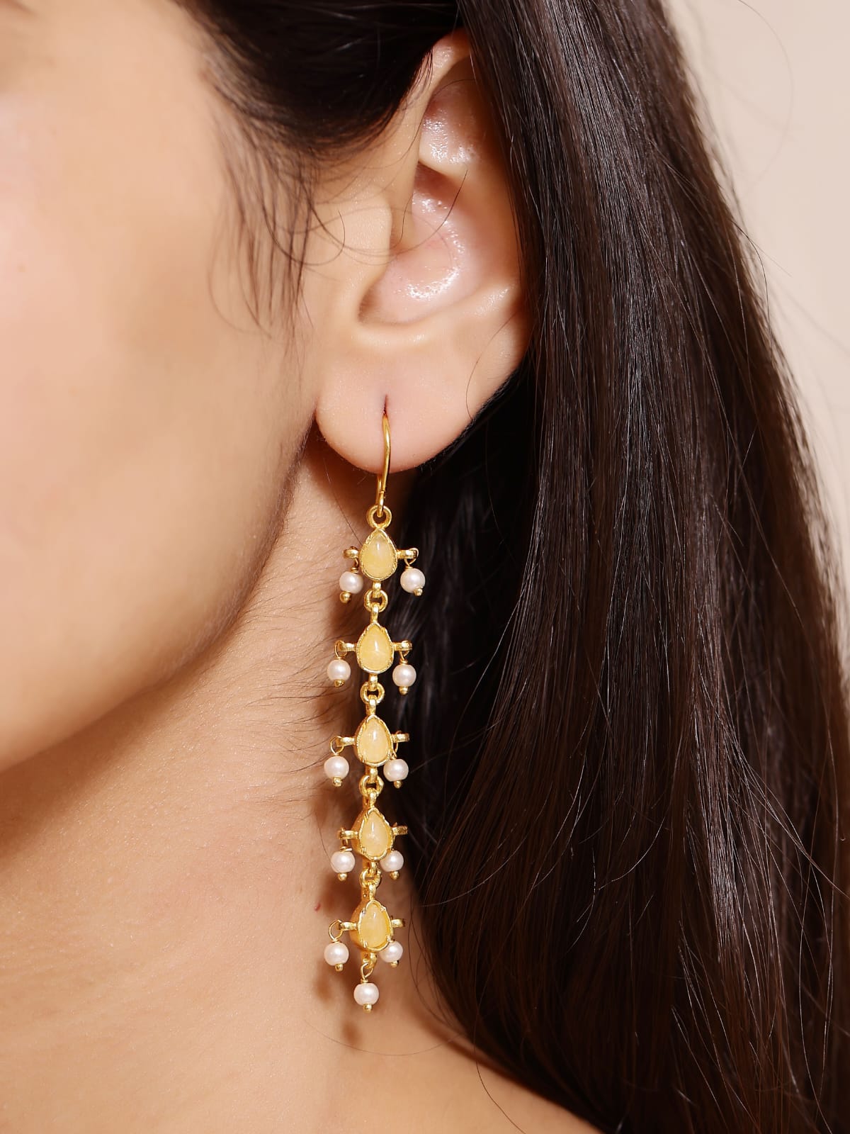 Ladli earrings in 92.5 Sterling Silver handcrafted and dipped in 1 micron Gold plating with yellow Aventurine and Pearls.