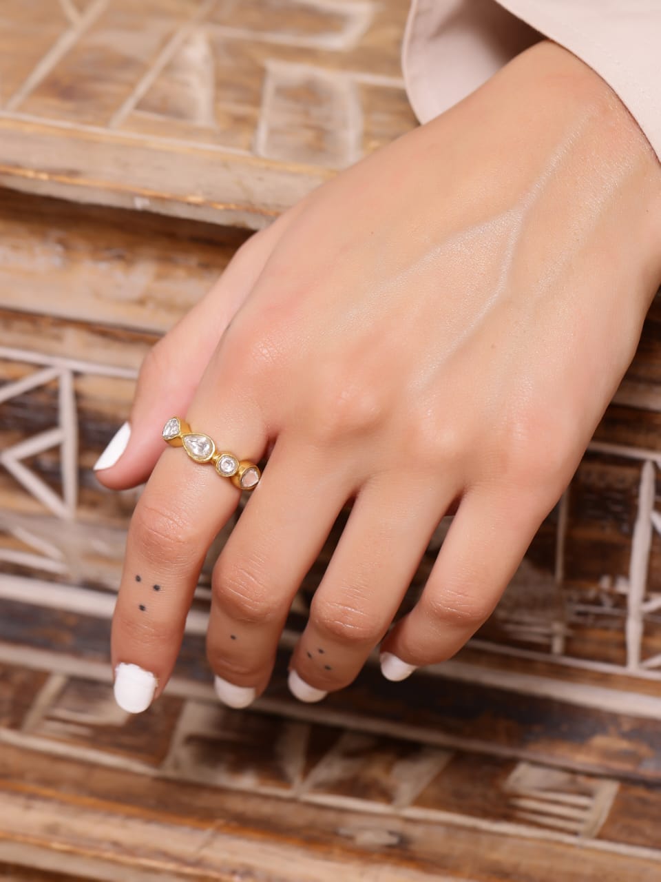 Trijya Ring in 92.5 Sterling Silver handcrafted and dipped in 1 micron Gold plating with Jadau-Polki.