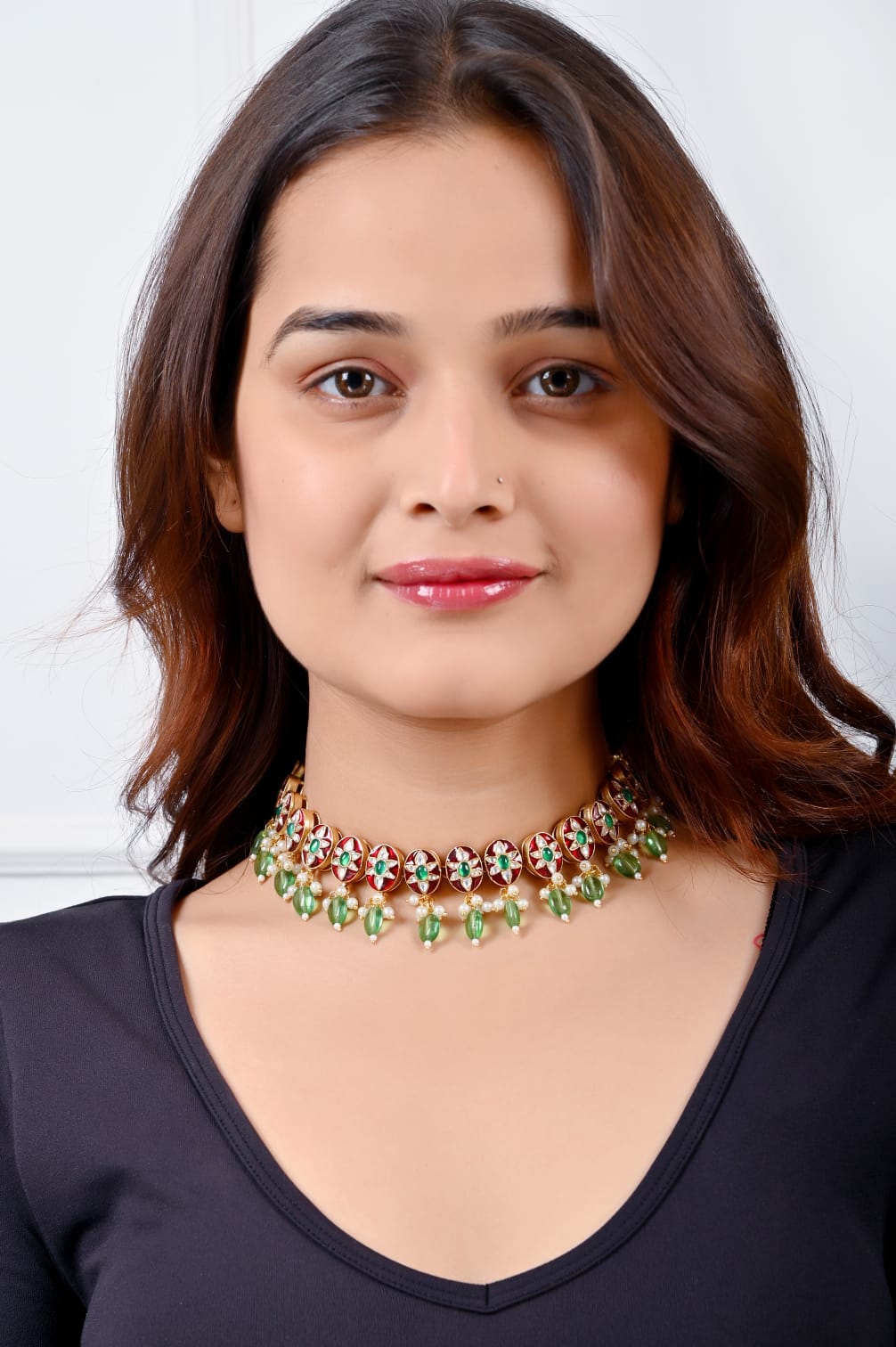 Navali necklace in 92.5 Sterling Silver handcrafted and dipped in 1 micron Gold plating with Jadau in traditional Polki with handcrafted Enamel.