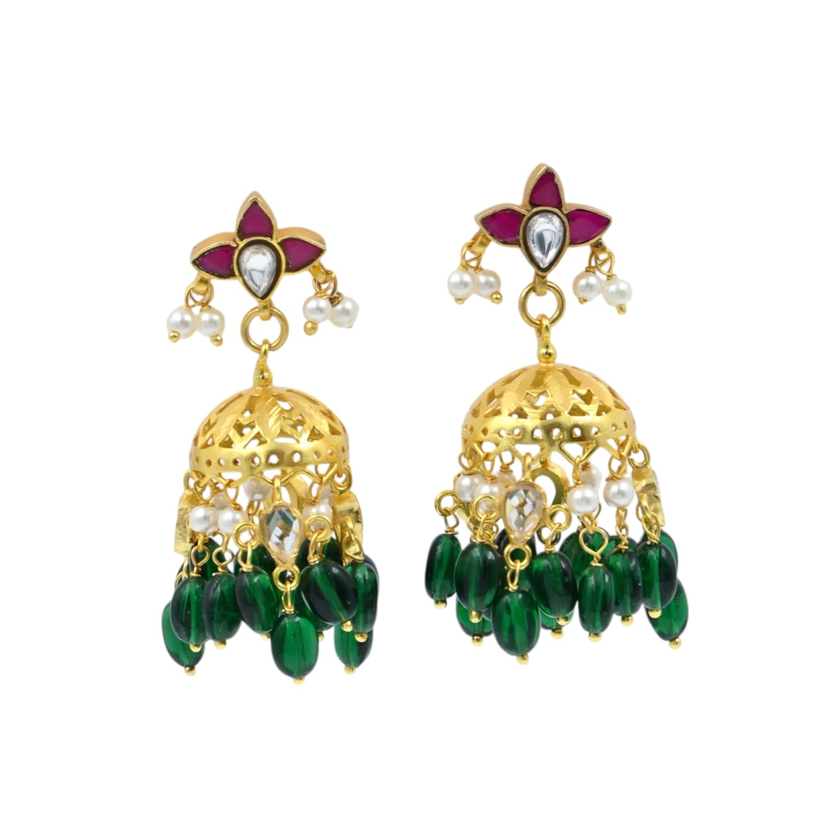 Jhumka in 92.5 Sterling Silver handcrafted and dipped in 1 micron Gold plating with a traditional Jadau-Polki.