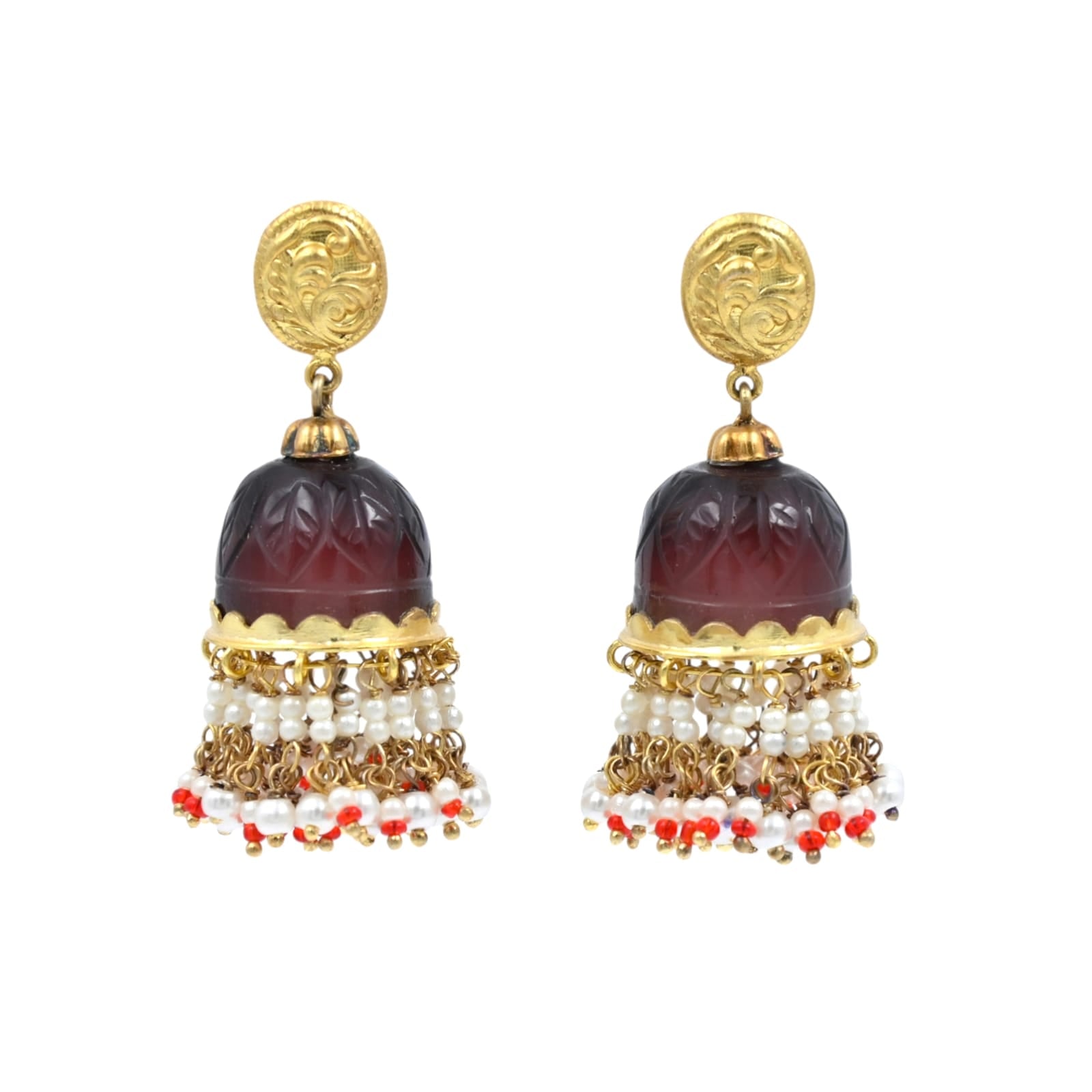 Stone Jhumka in 92.5 Sterling Silver handcrafted and dipped in 1 micron Gold plating in antique Garnet finishing in dome shape.